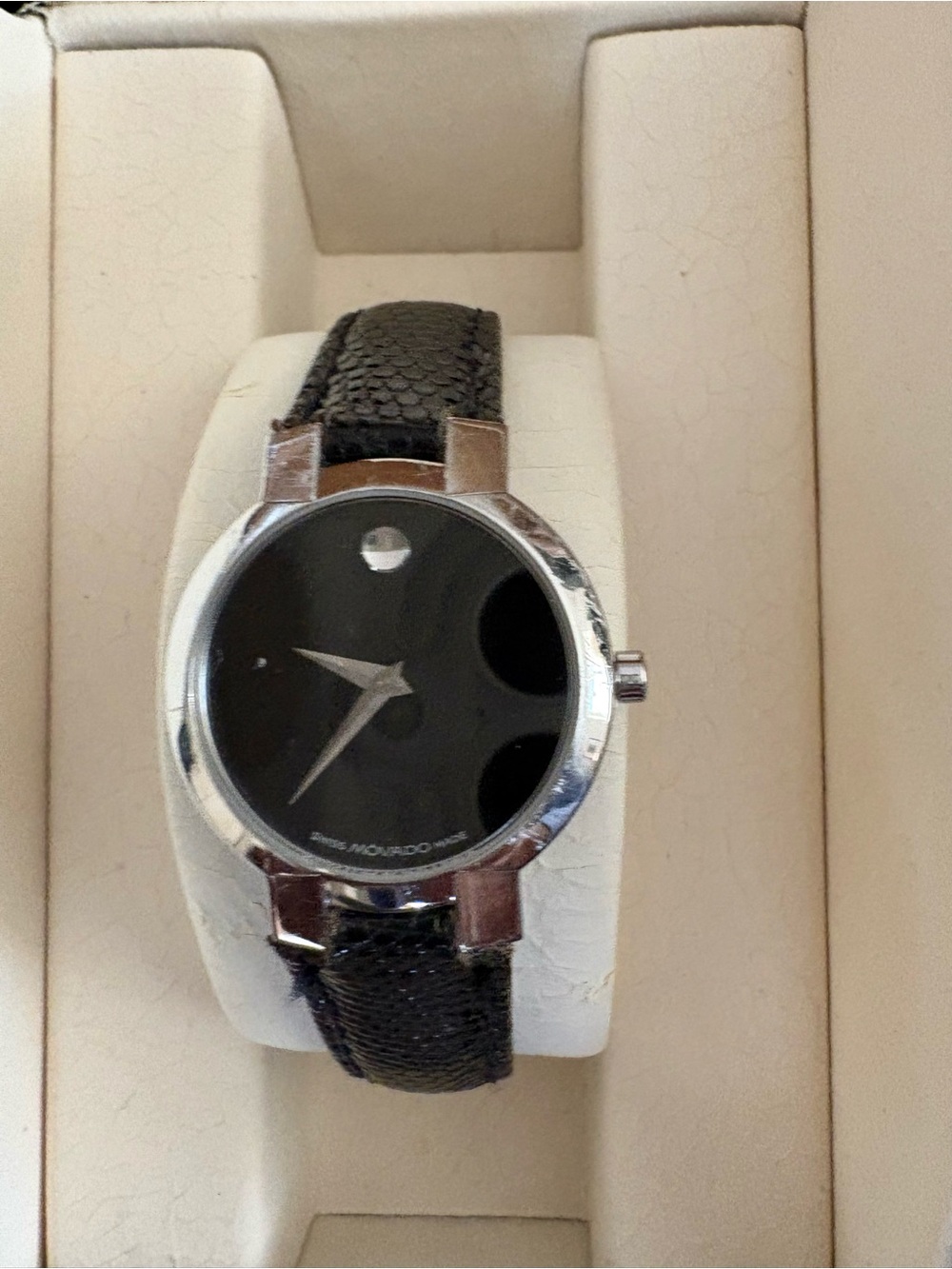 Movado Black Dial Silver-Tone Case Women’s Watch with Black Snake Leather Strap
